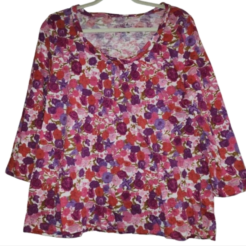 Talbots Pink & Purple Floral Women's Top Size XL 3/4 Sleeves Rolled Hem Edges